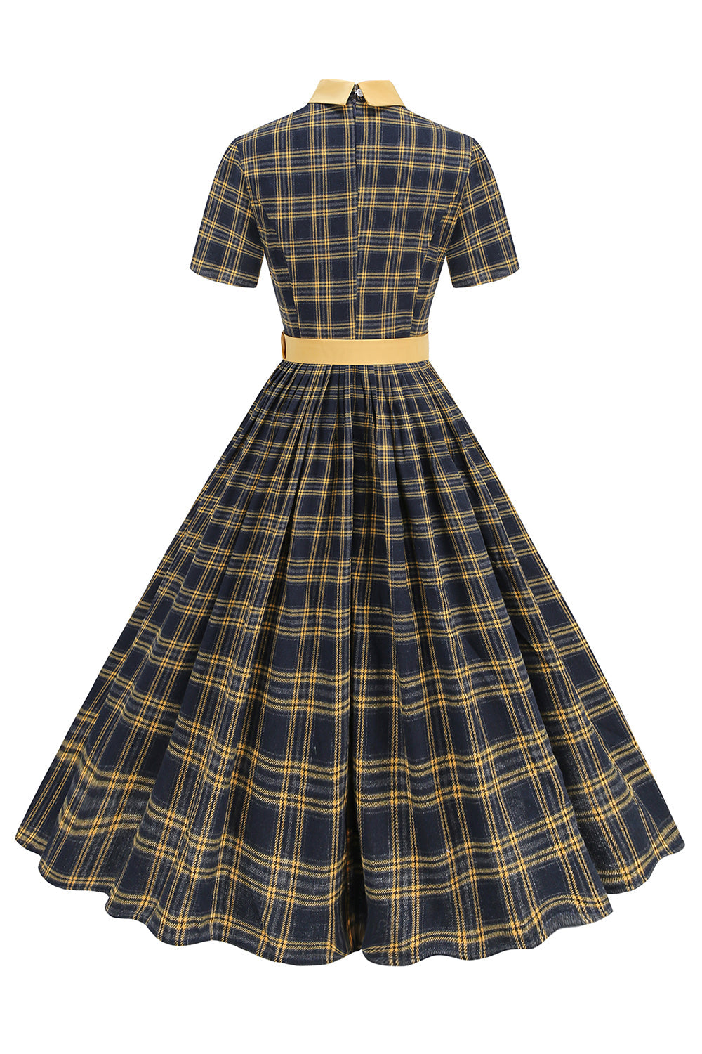 Robe Midi à carreaux noirs à col Claudine des années 1950