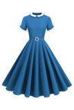 Robe midi trapèze bleue à col rond des années 1950