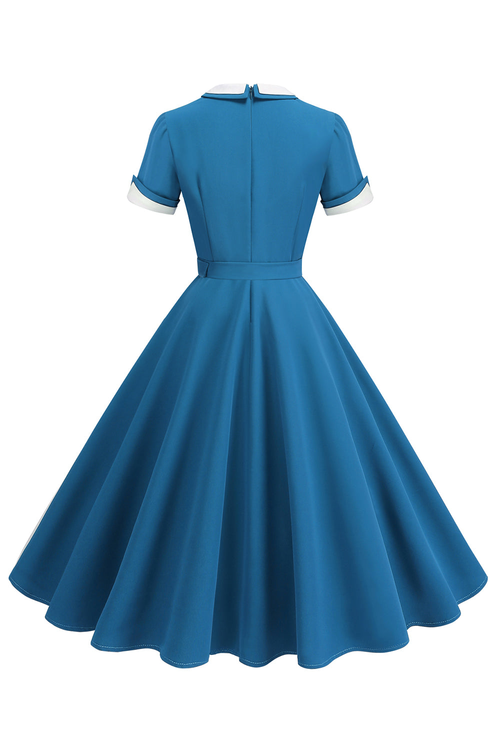 Robe midi trapèze bleue à col rond des années 1950