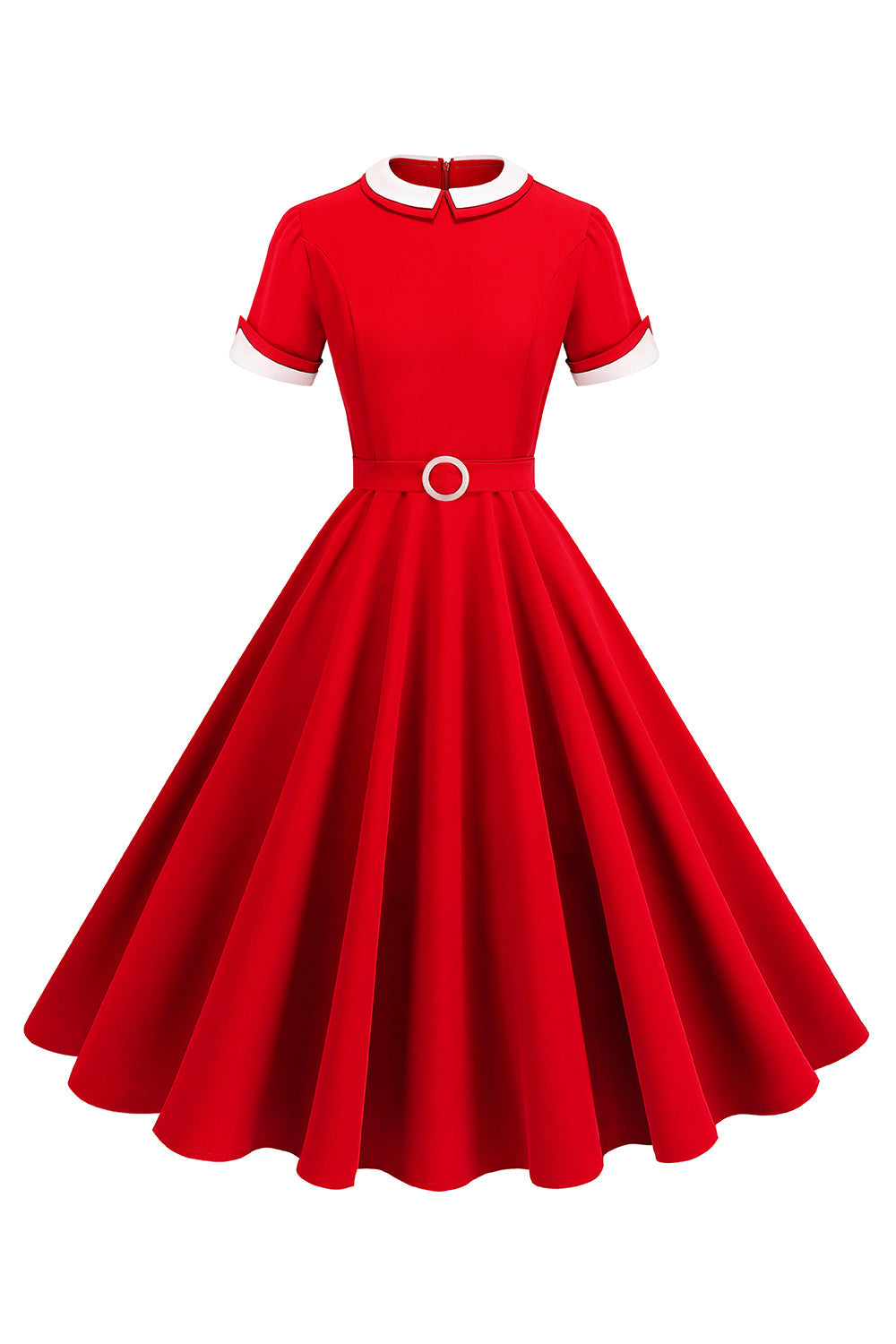 Robe midi trapèze bleue à col rond des années 1950