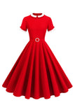 Robe midi trapèze bleue à col rond des années 1950