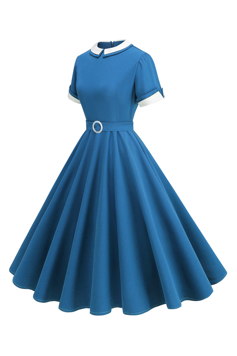 Robe midi trapèze bleue à col rond des années 1950