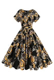 Robe midi à col bateau a-ligne imprimée de roses noires des années 1950