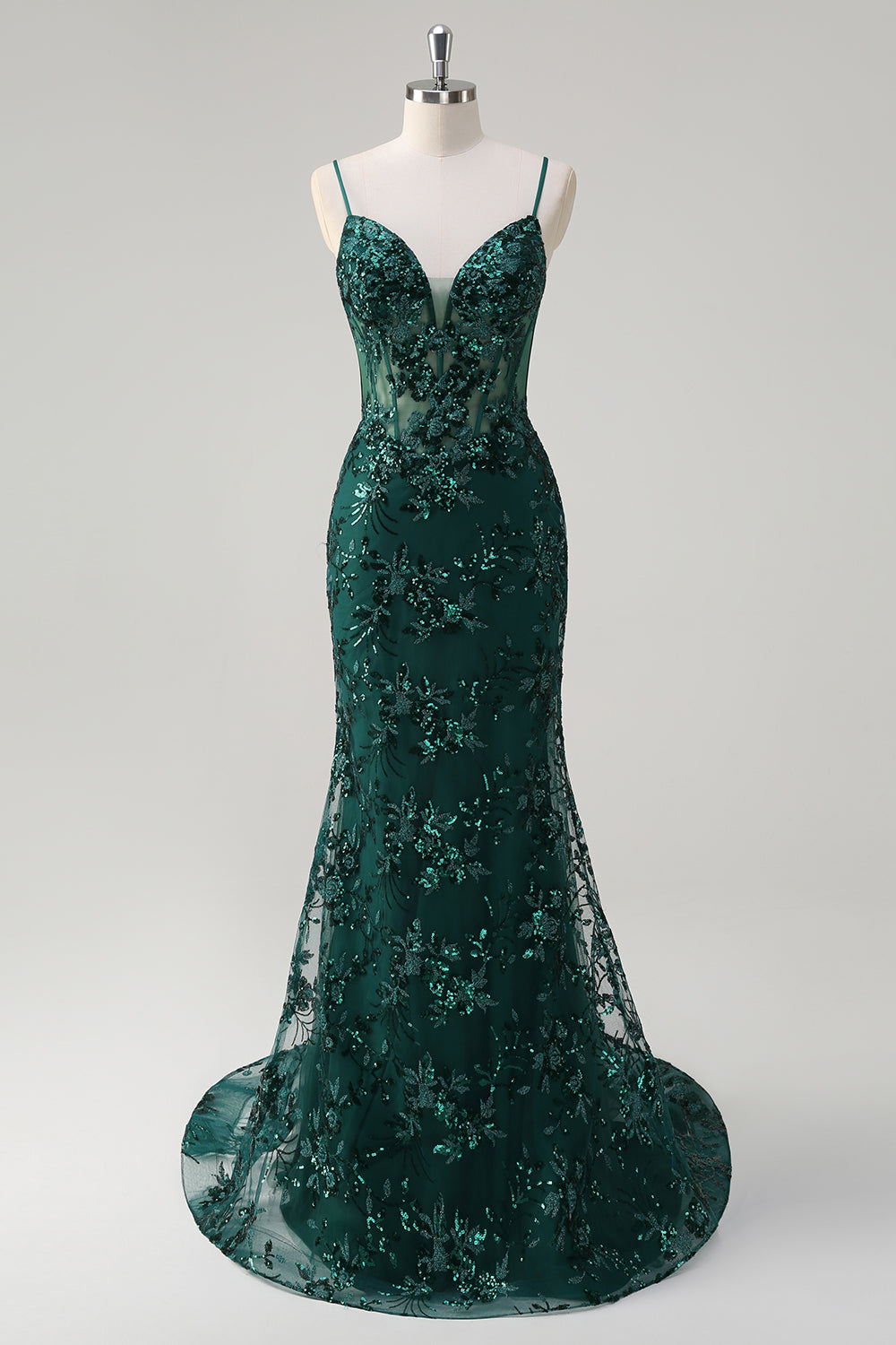 Sirène scintillante Bleu royal spaghetti bretelles Corset Sequin Robe longue de bal avec broderie