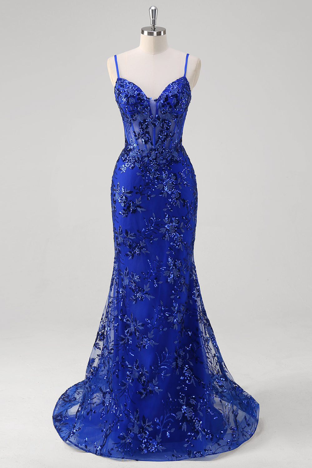 Sirène scintillante Bleu royal spaghetti bretelles Corset Sequin Robe longue de bal avec broderie