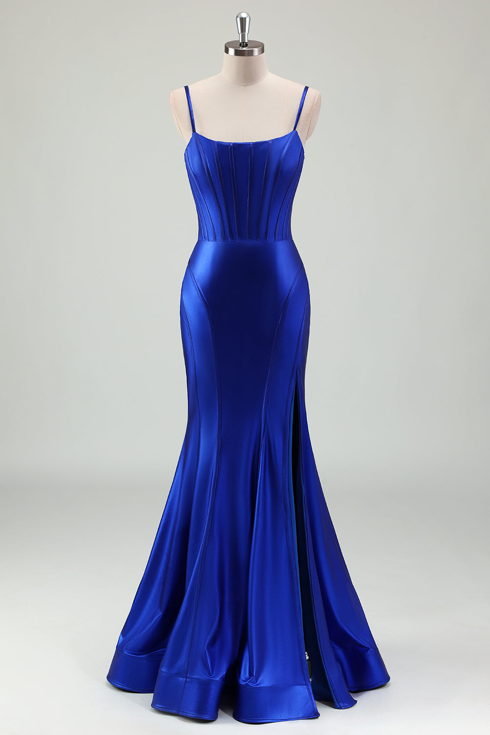Sirène royale bretelles spaghetti corset satin longue robe de bal avec fente