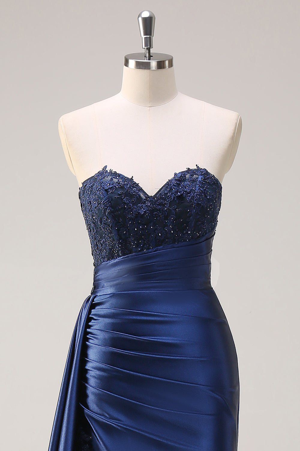 Sirène bleu marine bustier côté banderole froncé corset longue robe de bal avec fente