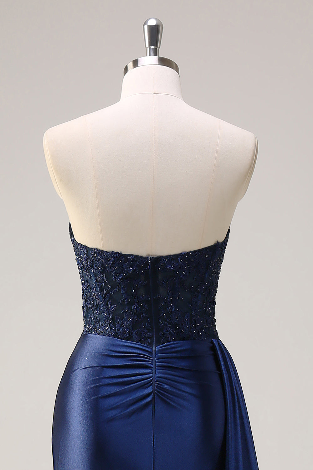 Sirène bleu marine bustier côté banderole froncé corset longue robe de bal avec fente