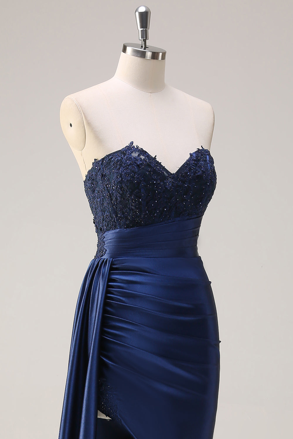 Sirène bleu marine bustier côté banderole froncé corset longue robe de bal avec fente