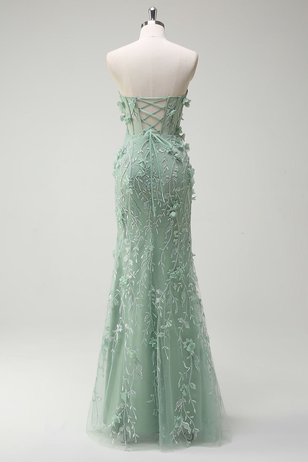 Sage Sirène Sweetheart Floral Appliqued Robe de soirée Longue avec Fente
