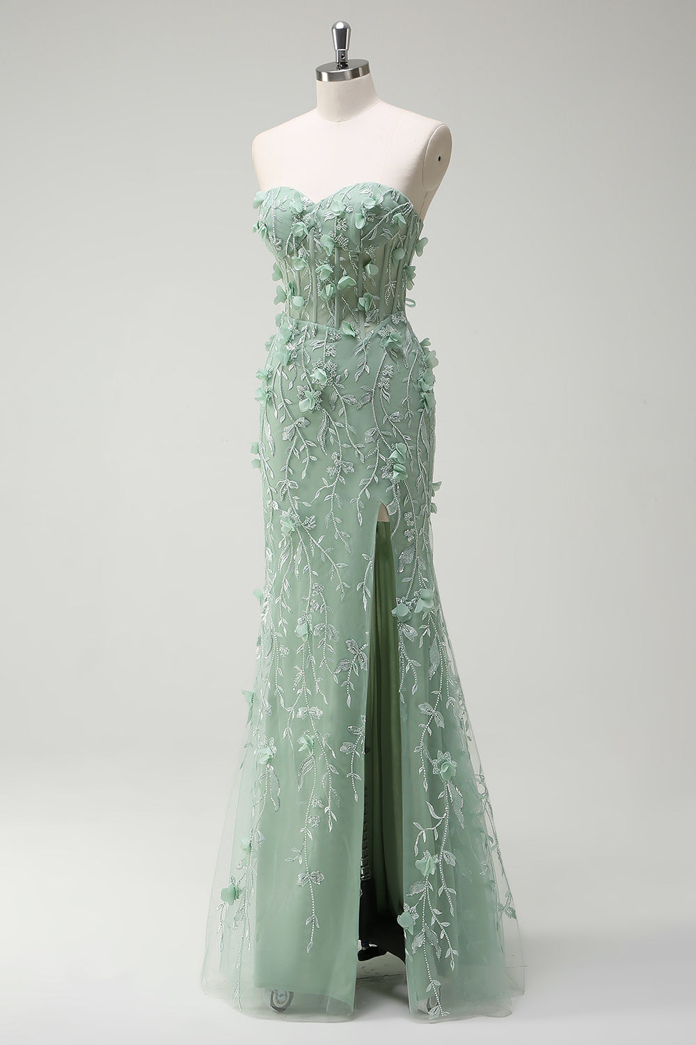 Sage Sirène Sweetheart Floral Appliqued Robe de soirée Longue avec Fente