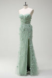 Sage Sirène Sweetheart Floral Appliqued Robe de soirée Longue avec Fente