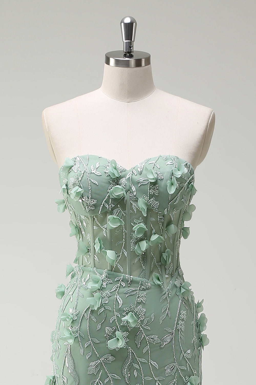 Sage Sirène Sweetheart Floral Appliqued Robe de soirée Longue avec Fente