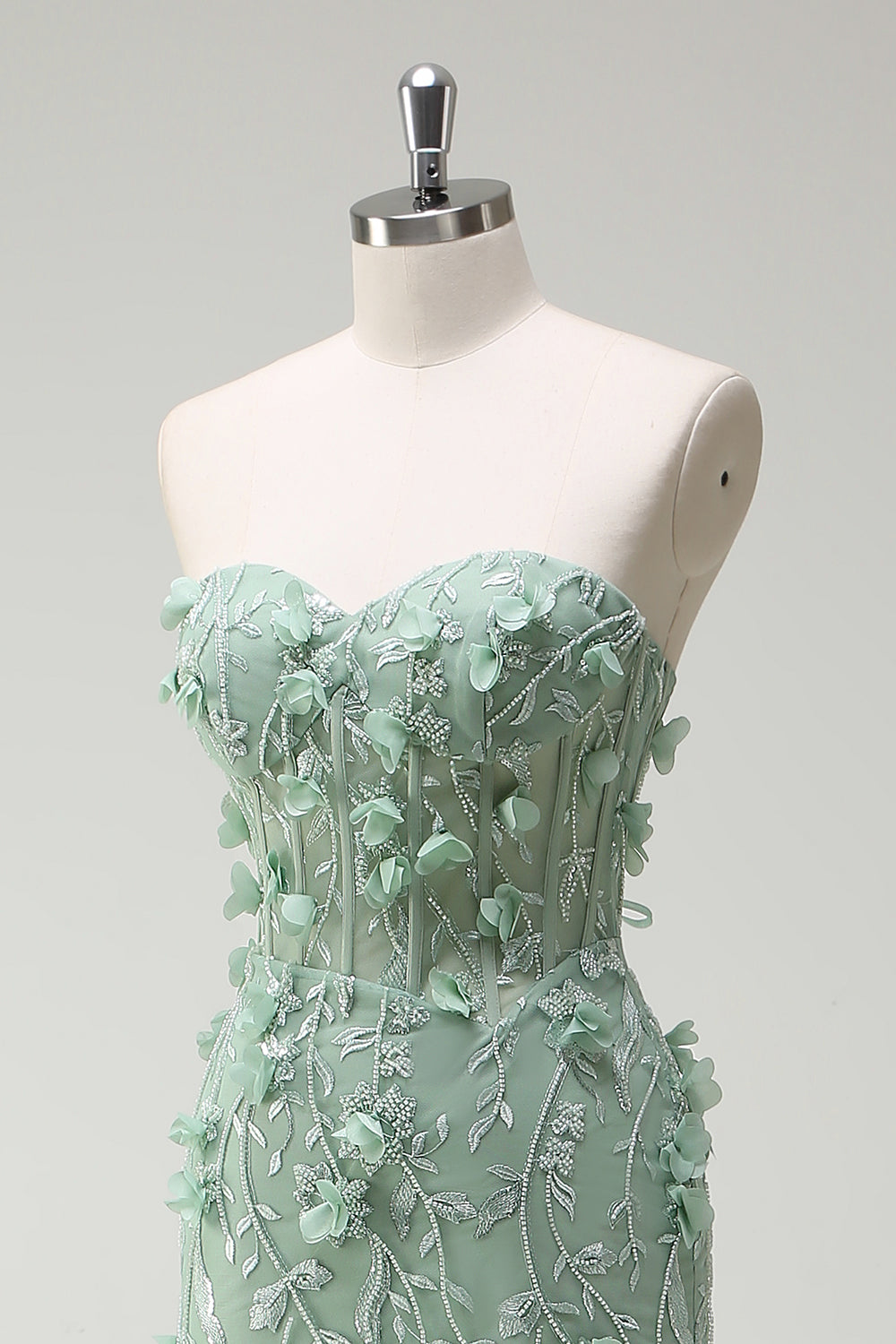 Sage Sirène Sweetheart Floral Appliqued Robe de soirée Longue avec Fente