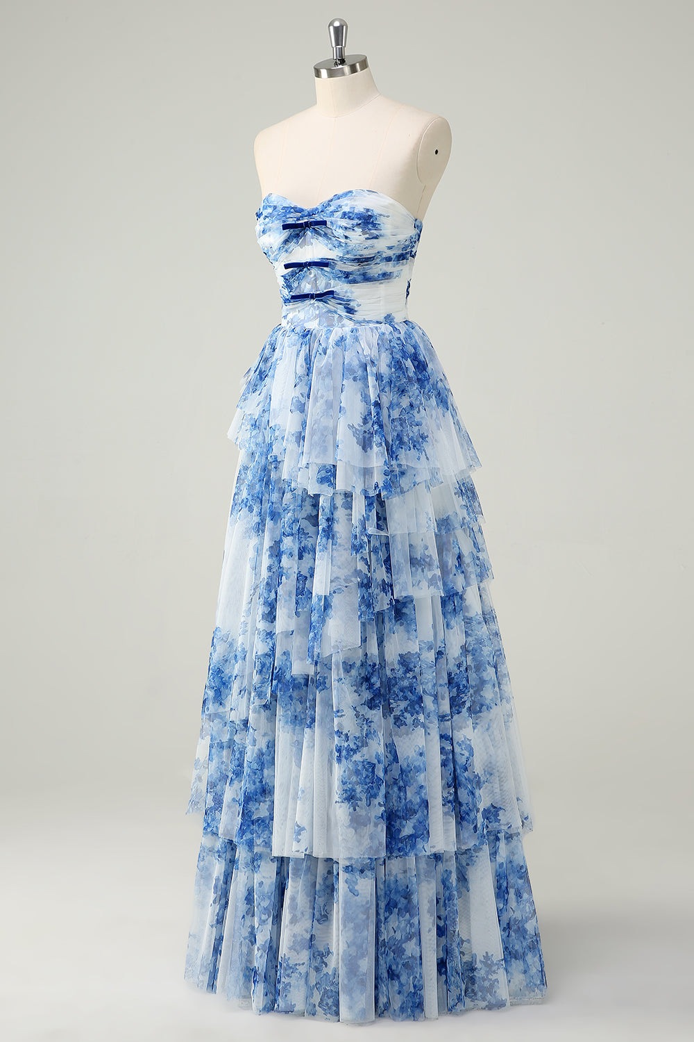 Blanc Bleu Fleur Une Ligne Sans Bretelles Robe De Soirée À Niveaux