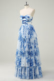 Blanc Bleu Fleur Une Ligne Sans Bretelles Robe De Soirée À Niveaux