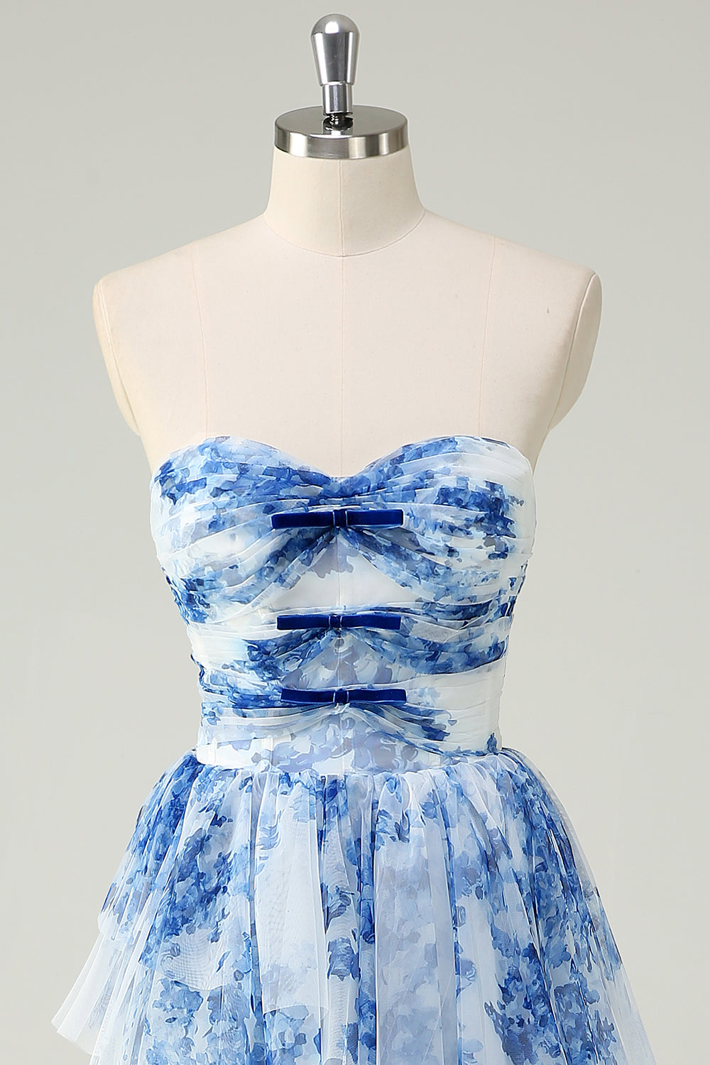 Blanc Bleu Fleur Une Ligne Sans Bretelles Robe De Soirée À Niveaux