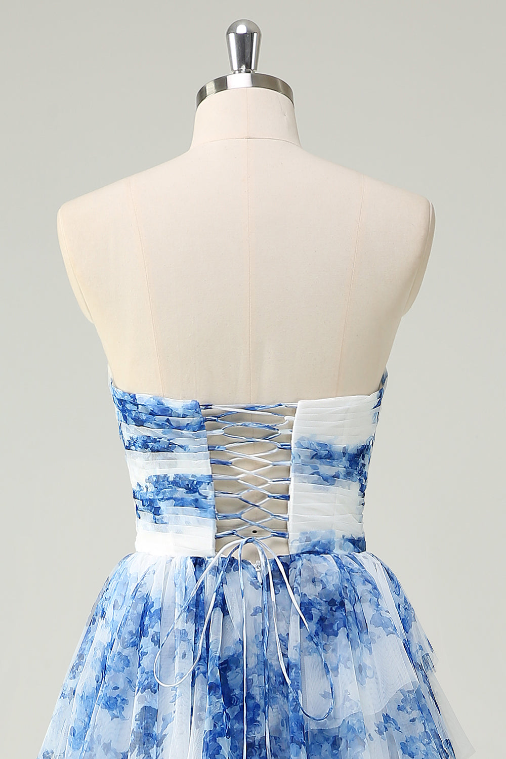Blanc Bleu Fleur Une Ligne Sans Bretelles Robe De Soirée À Niveaux