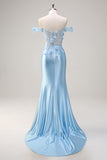 Bleu Ciel Sirène Épaule Dénudée Corset Floral Longue Robe de Bal Avec Fleurs 3D