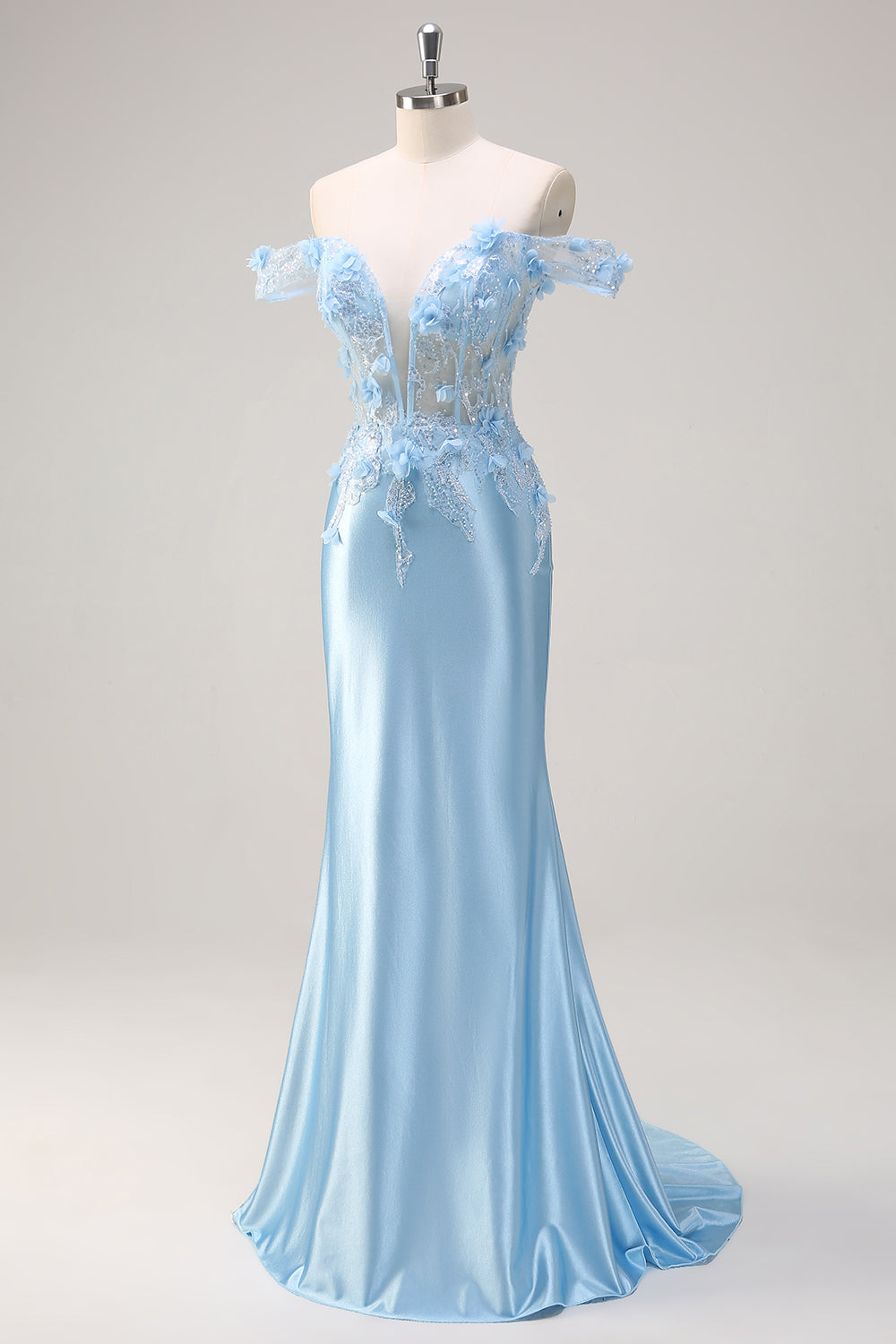 Bleu Ciel Sirène Épaule Dénudée Corset Floral Longue Robe de Bal Avec Fleurs 3D
