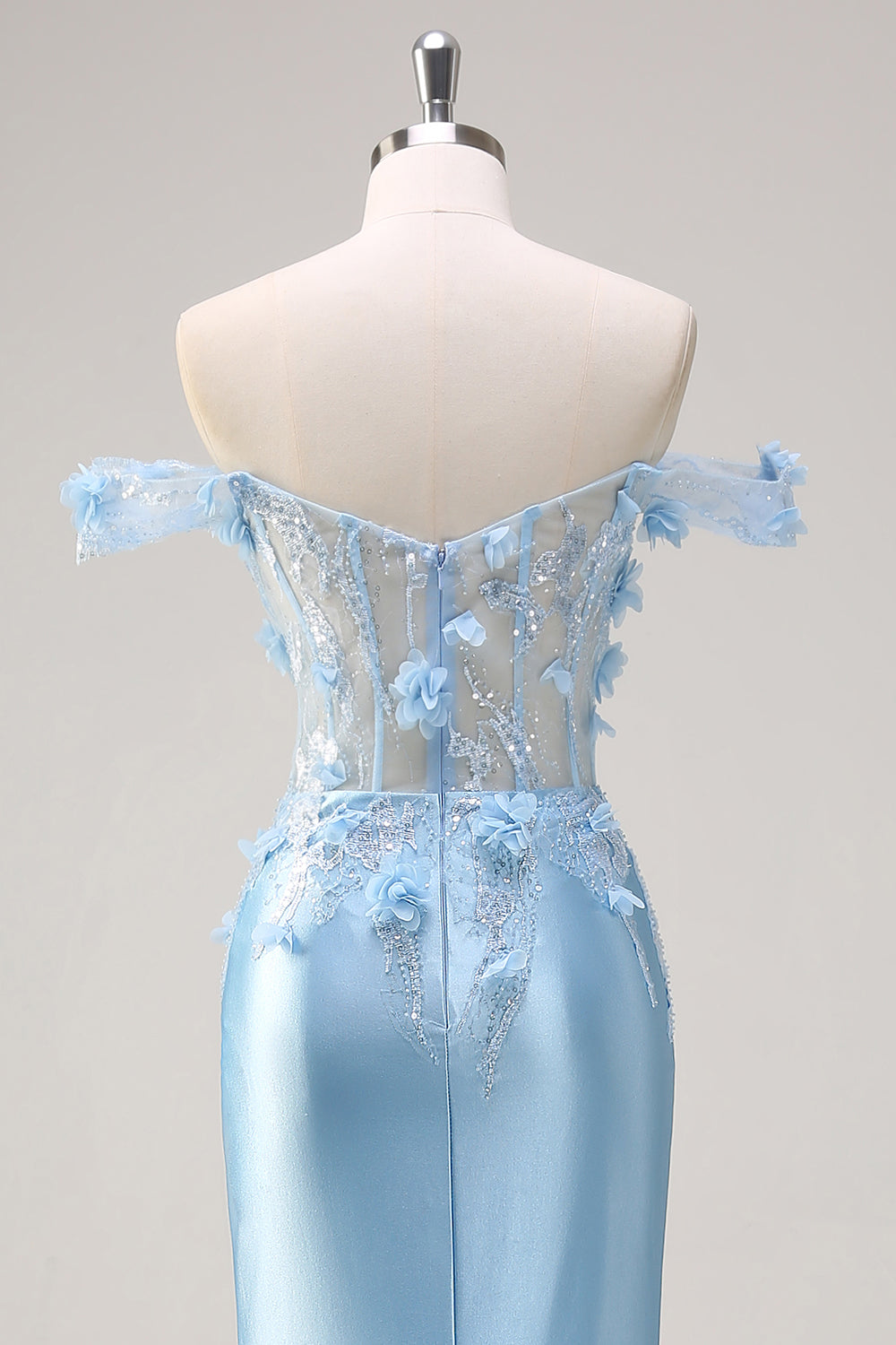 Bleu Ciel Sirène Épaule Dénudée Corset Floral Longue Robe de Bal Avec Fleurs 3D