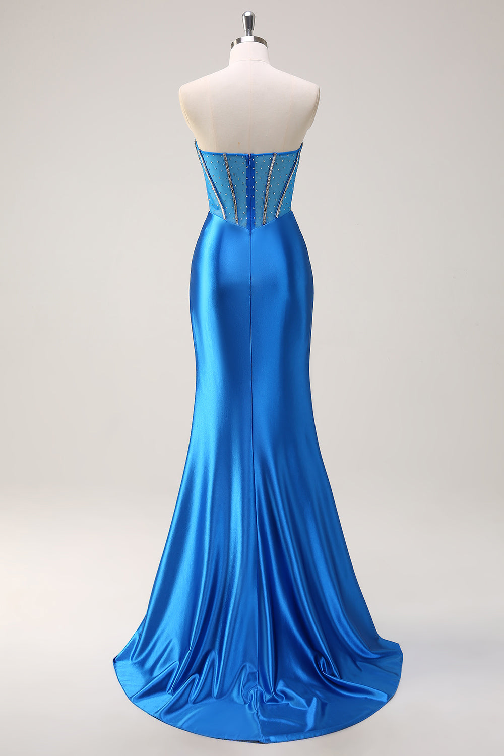 Sirène bleue sans bretelles perlée corset robe de Soirée avec fente