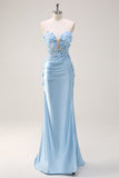 Robe de Soirée sirène bleu ciel sans bretelles à sequins avec appliques