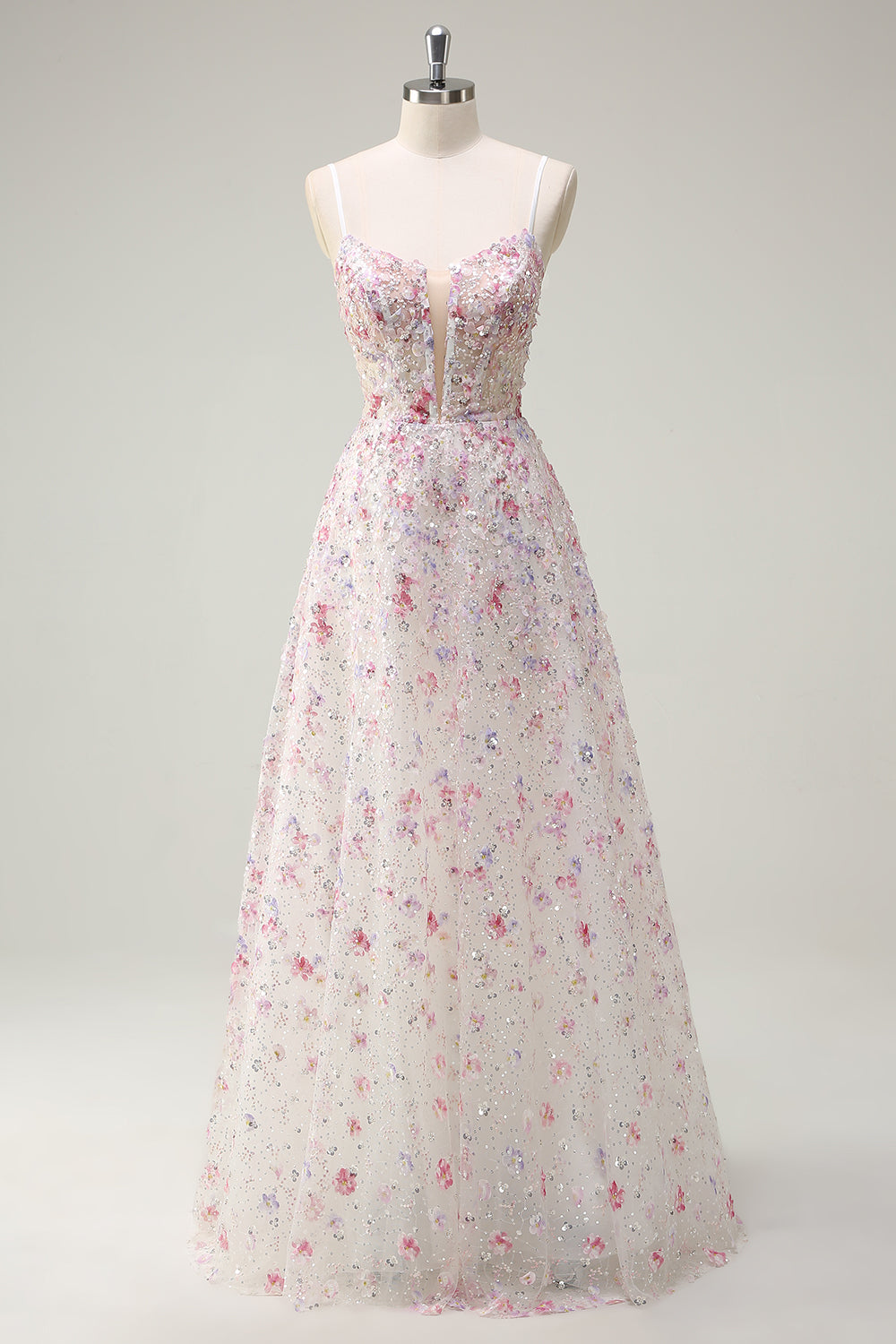 Rose A Ligne Spaghetti Bretelles Floral Perlé Robe de Soirée