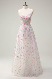 Rose A Ligne Spaghetti Bretelles Floral Perlé Robe de Soirée