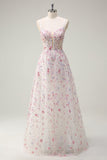 Rose A Ligne Spaghetti Bretelles Floral Perlé Robe de Soirée