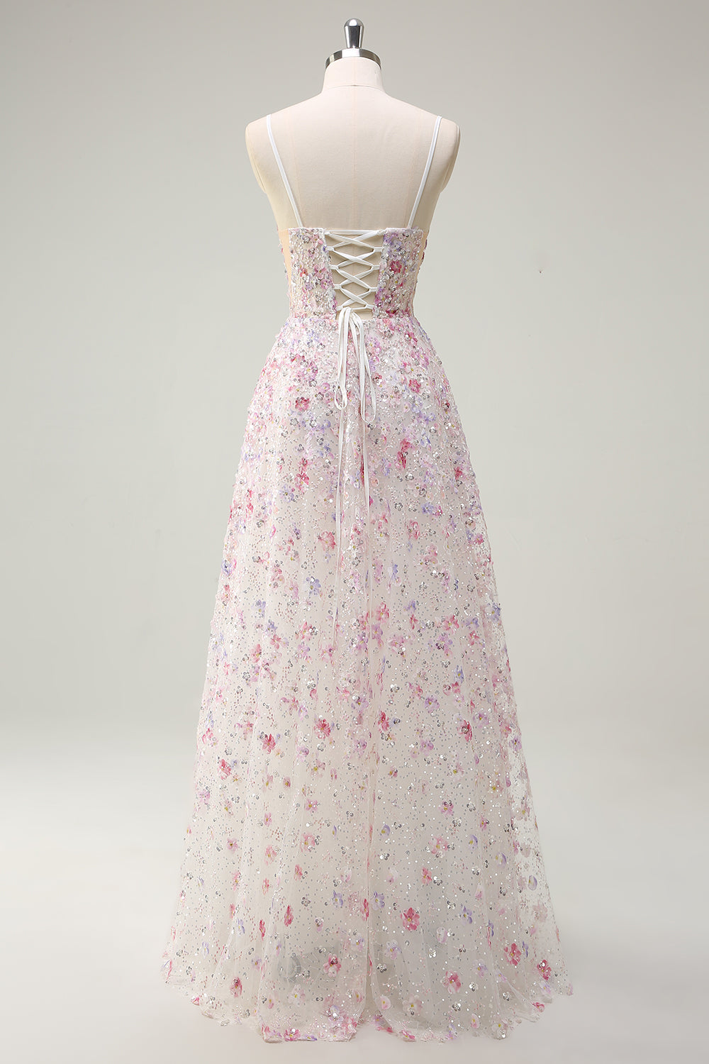 Élégant rose à bretelles spaghetti ligne Robe de bal perlée florale avec lacets dans le dos