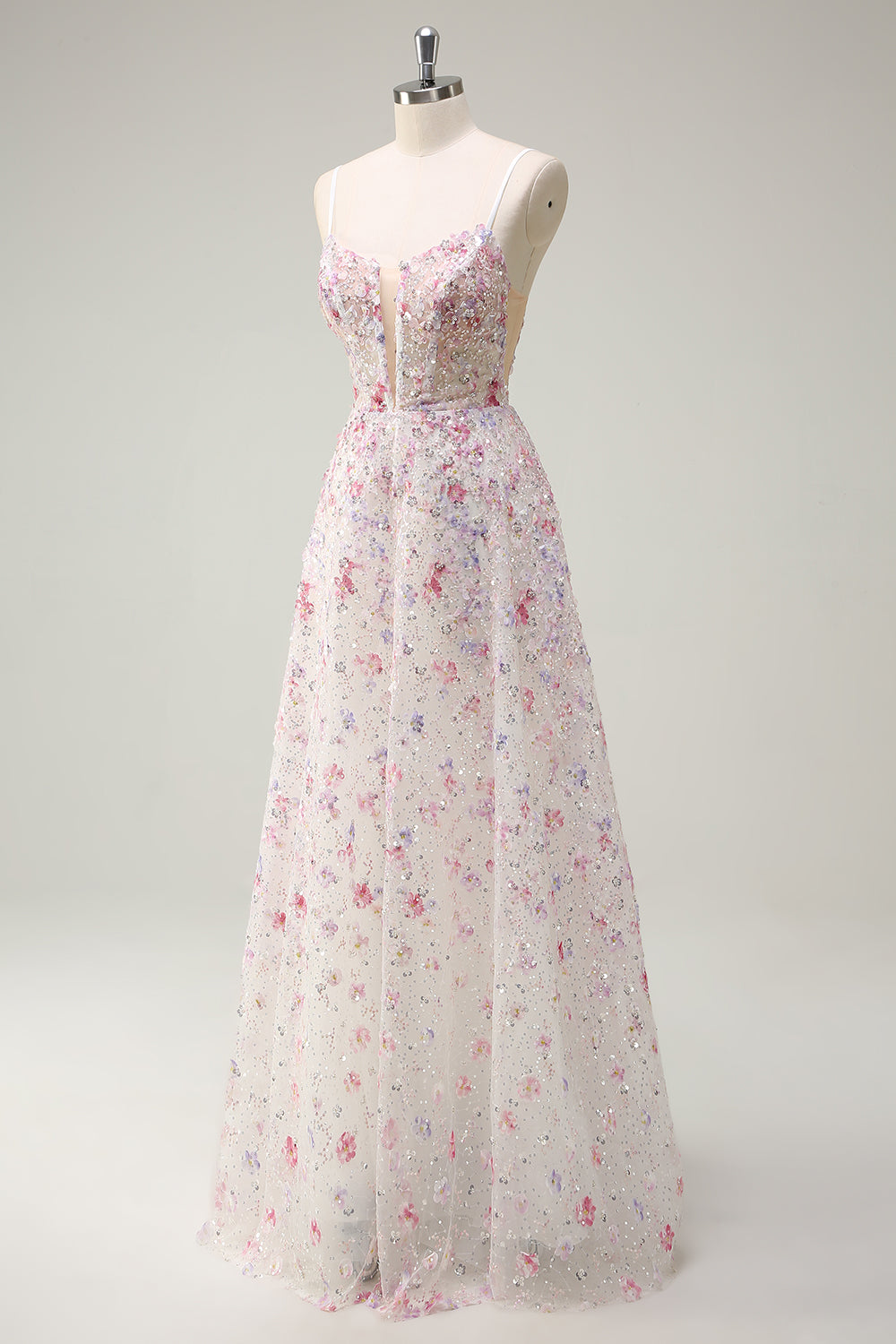 Rose A Ligne Spaghetti Bretelles Floral Perlé Robe de Soirée