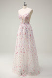 Rose A Ligne Spaghetti Bretelles Floral Perlé Robe de Soirée