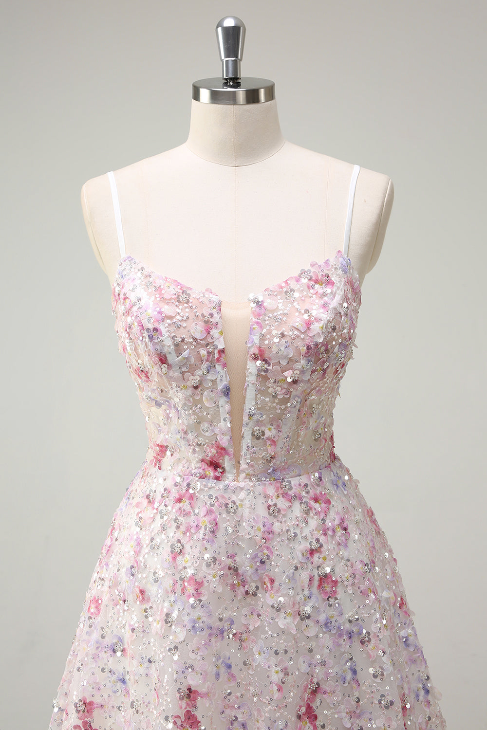 Rose A Ligne Spaghetti Bretelles Floral Perlé Robe de Soirée