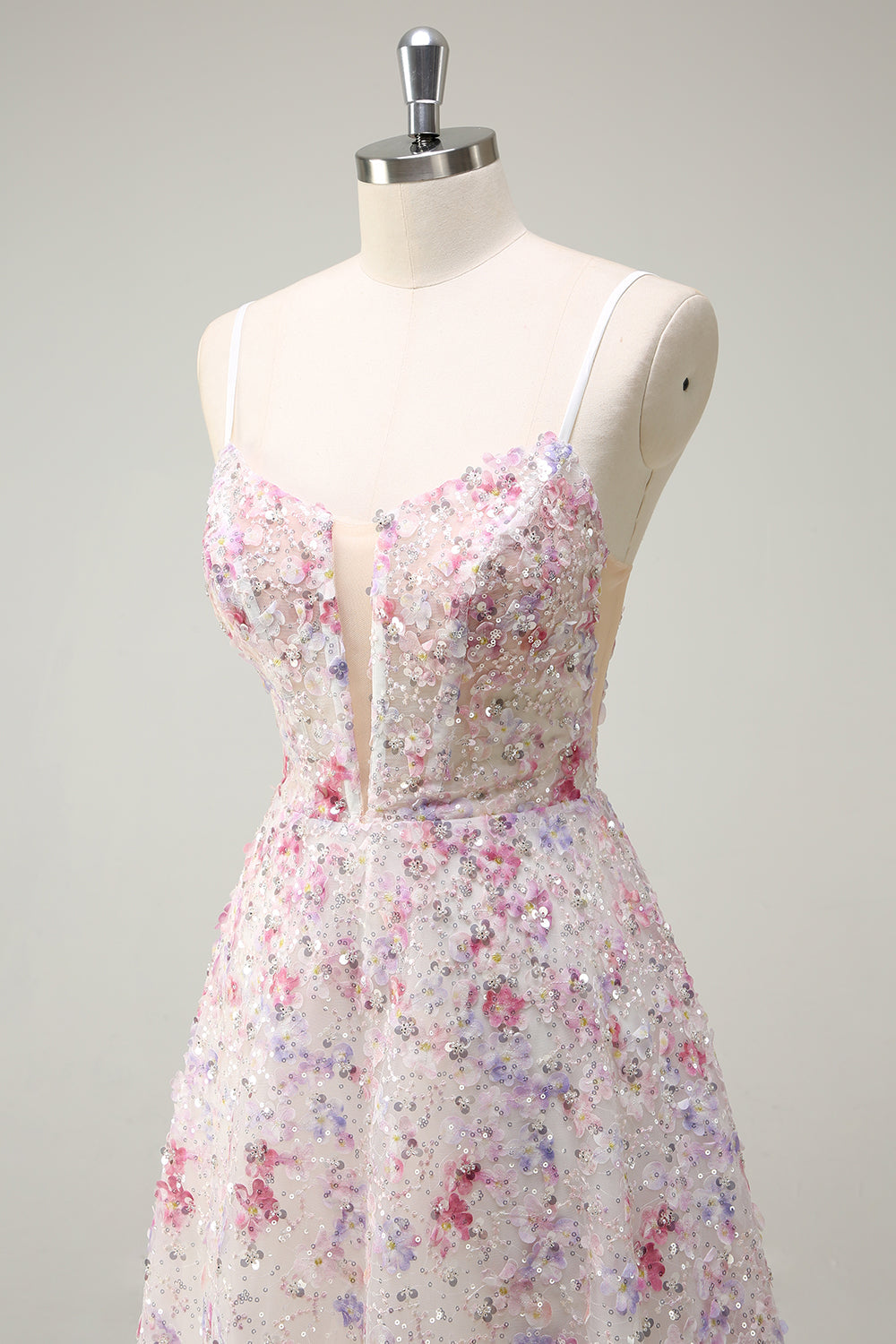Rose A Ligne Spaghetti Bretelles Floral Perlé Robe de Soirée