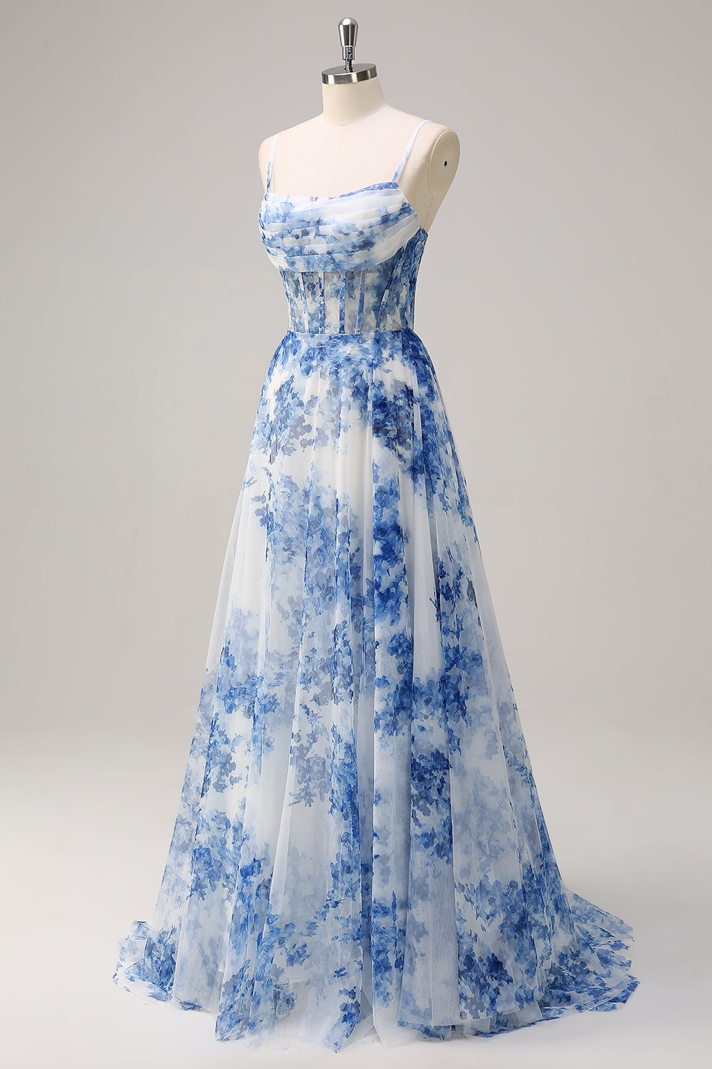 Blanc Bleu Fleur A-ligne bretelles spaghetti bretelles froncé Corset longue robe de bal avec fente