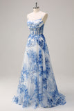 Blanc Bleu Fleur A-ligne bretelles spaghetti bretelles froncé Corset longue robe de bal avec fente