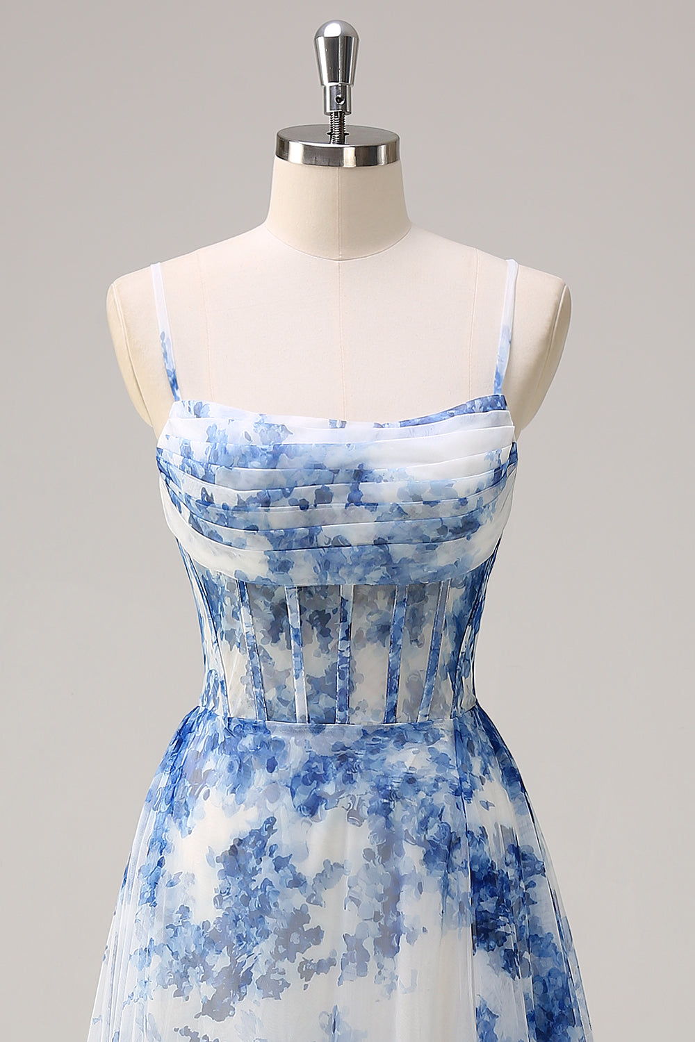 Blanc Bleu Fleur A-ligne bretelles spaghetti bretelles froncé Corset longue robe de bal avec fente