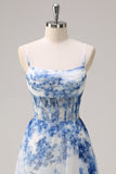 Blanc Bleu Fleur A-ligne bretelles spaghetti bretelles froncé Corset longue robe de bal avec fente