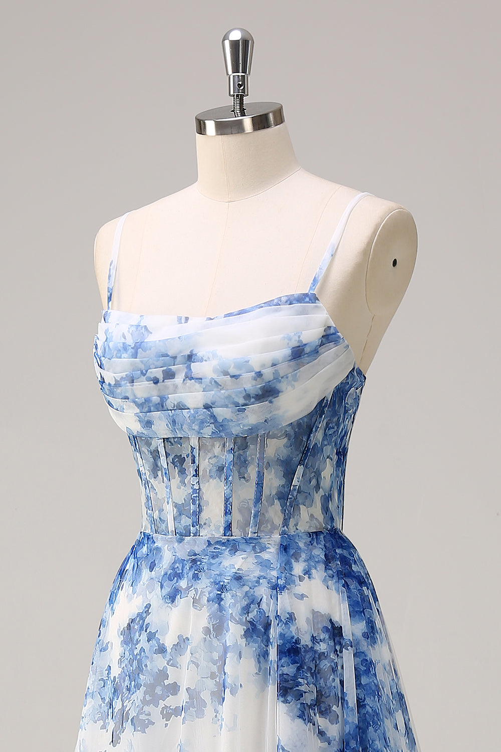 Blanc Bleu Fleur A-ligne bretelles spaghetti bretelles froncé Corset longue robe de bal avec fente