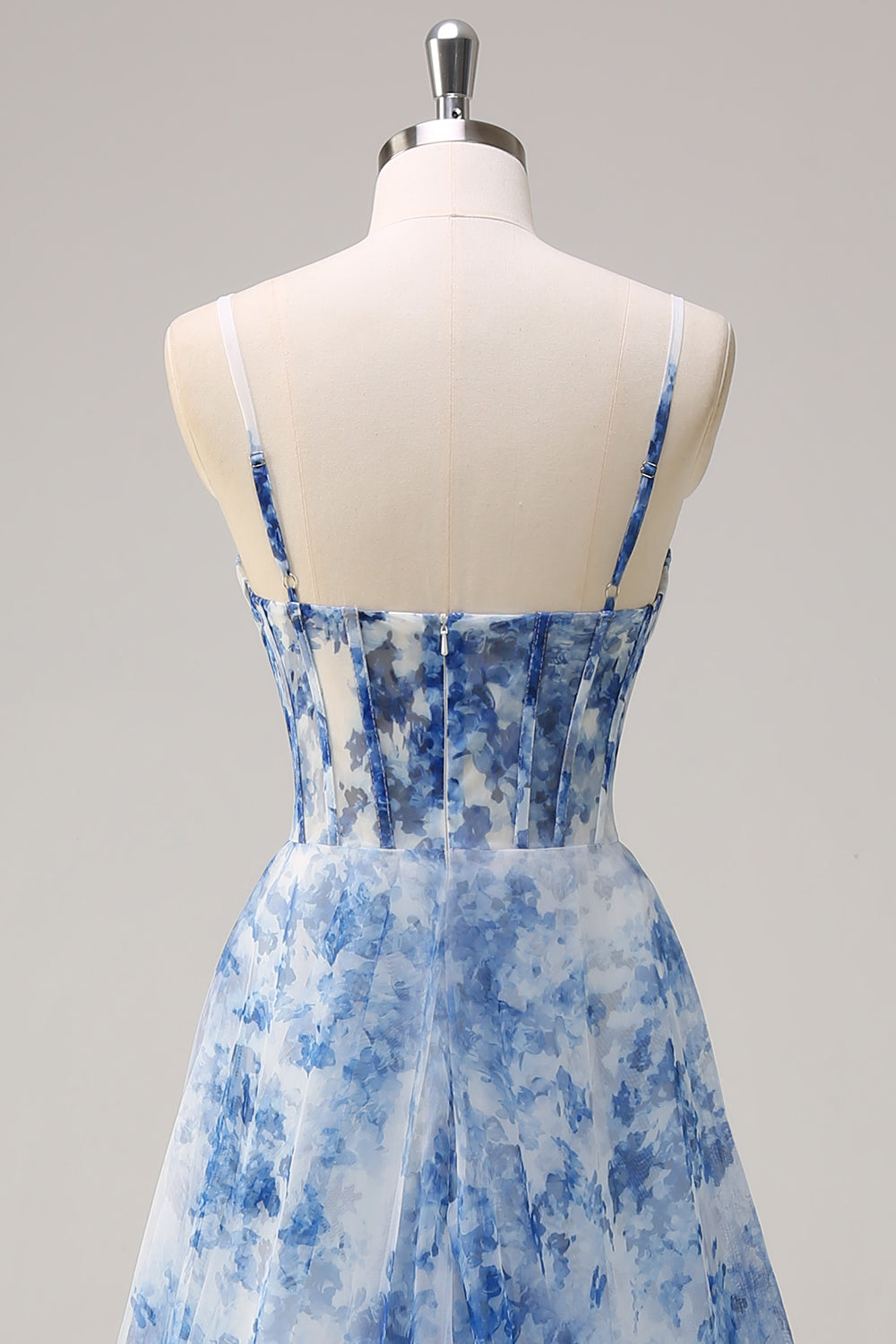 Blanc Bleu Fleur A-ligne bretelles spaghetti bretelles froncé Corset longue robe de bal avec fente