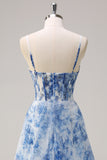 Blanc Bleu Fleur A-ligne bretelles spaghetti bretelles froncé Corset longue robe de bal avec fente