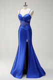 Sirène royale Spaghetti bretelles Satin Corset Robe de soirée longue avec fente