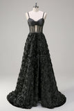 Élégante Robe de soirée florale 3D noire A Line avec corset transparent