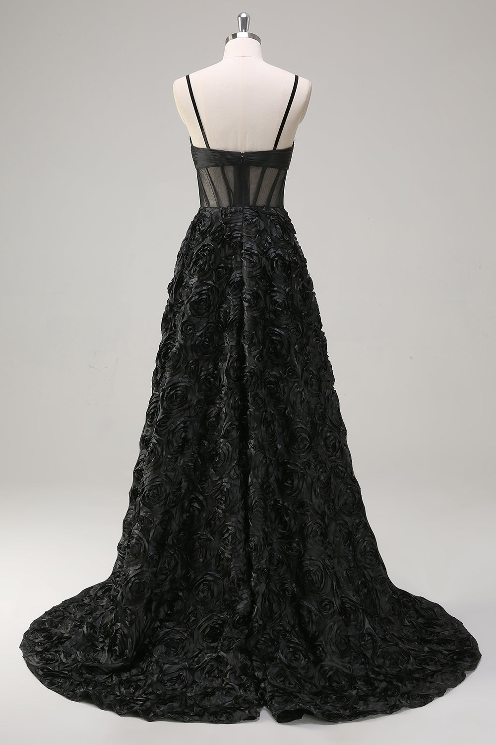 Élégante Robe de soirée florale 3D noire A Line avec corset transparent