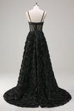 Élégante Robe de soirée florale 3D noire A Line avec corset transparent