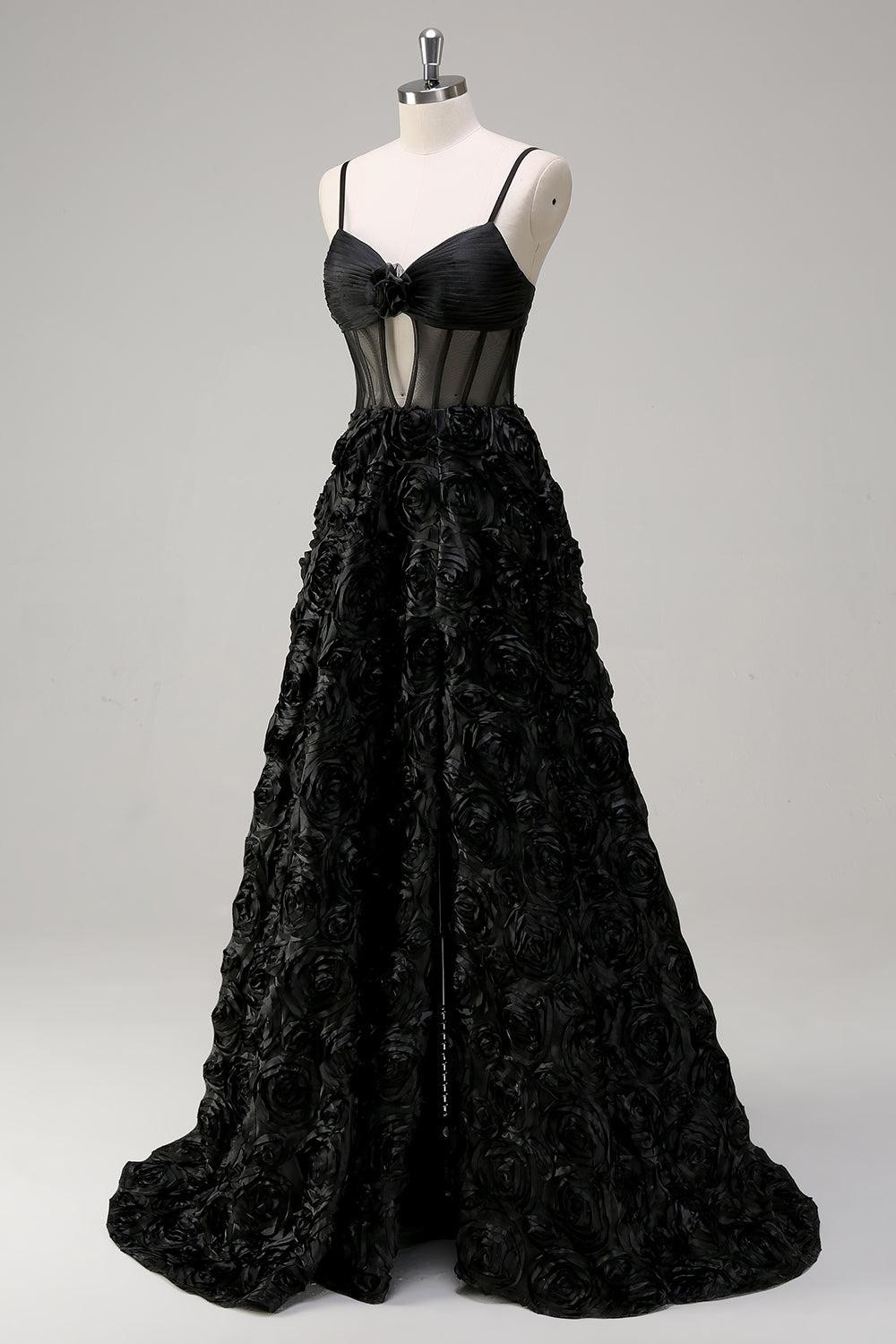 Élégante Robe de soirée florale 3D noire A Line avec corset transparent