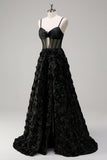 Élégante Robe de soirée florale 3D noire A Line avec corset transparent