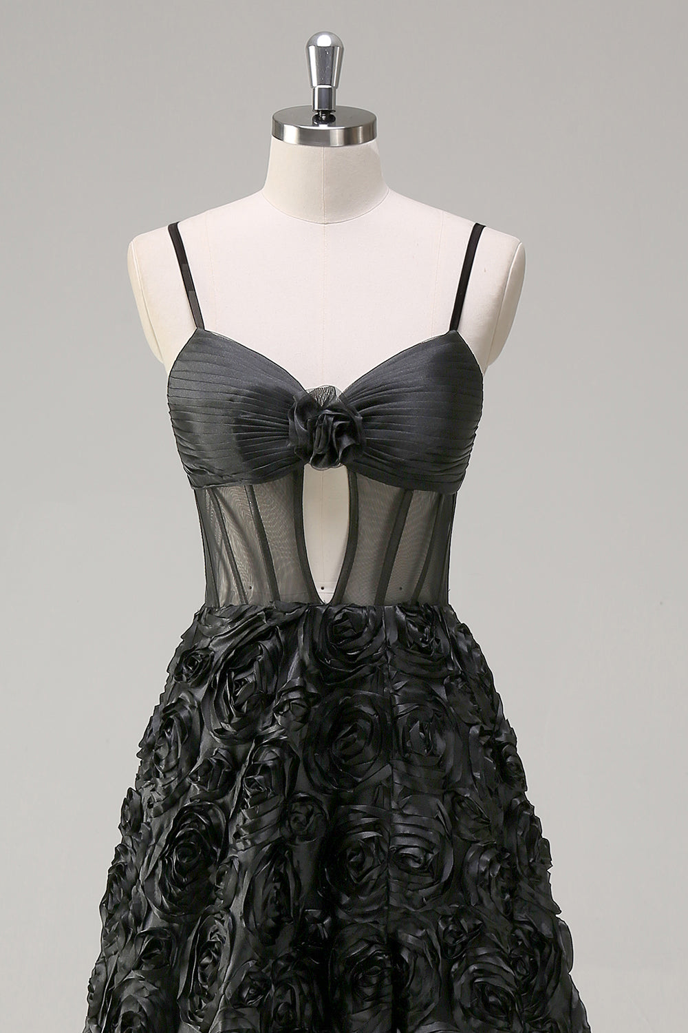 Élégante Robe de soirée florale 3D noire A Line avec corset transparent