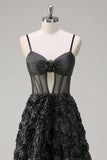 Élégante Robe de soirée florale 3D noire A Line avec corset transparent